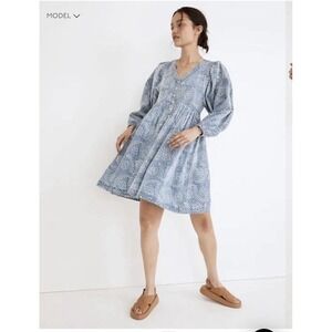 Madewell Bubble Sleeve Button Mini Dress Indigo Paisley Size M Cottagecore